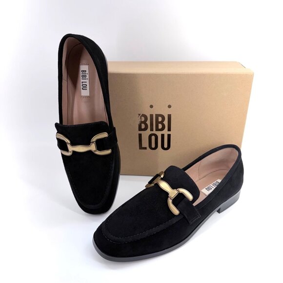 Bibi Lou Vela Loafers Black Suede Gold Buckle Women Dress Shoes Size Size 39 US9